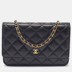 Chanel Black Quilted Caviar Leather Classic Wallet on Chain