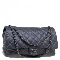 Pre Owned حقيبة شانيل قلاب ايزي كبيرة جلد ك افيار مبطنة رصاصية داكنة ميتالك