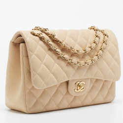 Pre Owned Chanel Beige Quilted Leather Jumbo Classic Double Flap Bag