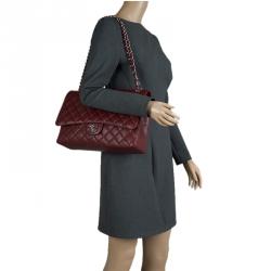 Pre Owned Chanel Burgundy Quilted Caviar Leather Maxi Classic Single Flap Bag