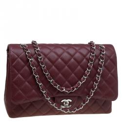 Pre Owned Chanel Burgundy Quilted Caviar Leather Maxi Classic Single Flap Bag