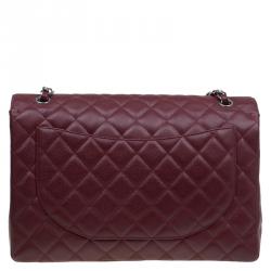 Pre Owned Chanel Burgundy Quilted Caviar Leather Maxi Classic Single Flap Bag