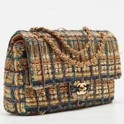 Pre Owned Chanel Multicolor Tweed and Leather Medium Classic Double Flap Bag