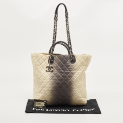 Pre Owned Chanel Cream/Dark Grey Ombre Quilted Caviar Leather Large Shopper Tote