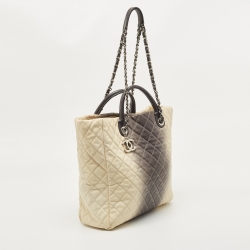 Pre Owned Chanel Cream/Dark Grey Ombre Quilted Caviar Leather Large Shopper Tote