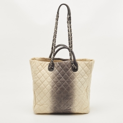 Pre Owned Chanel Cream/Dark Grey Ombre Quilted Caviar Leather Large Shopper Tote