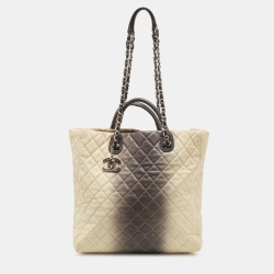 Pre Owned Chanel Cream/Dark Grey Ombre Quilted Caviar Leather Large Shopper Tote