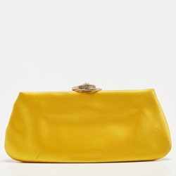 Pre Owned Chanel Yellow Satin Crystals Embellished CC Camellia Frame Clutch