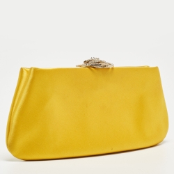 Pre Owned Chanel Yellow Satin Crystals Embellished CC Camellia Frame Clutch