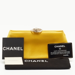 Pre Owned Chanel Yellow Satin Crystals Embellished CC Camellia Frame Clutch