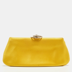 Pre Owned Chanel Yellow Satin Crystals Embellished CC Camellia Frame Clutch