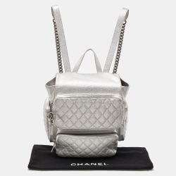 Pre Owned Chanel Silver Quilted Caviar Leather Casual Rock Backpack