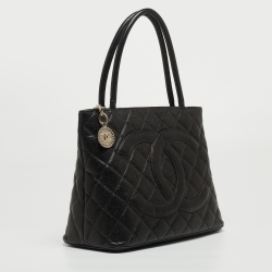 Pre Owned Chanel Black Caviar Leather Medallion Tote Bag