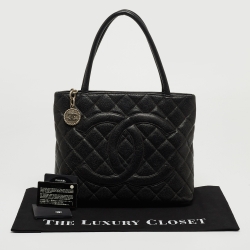 Pre Owned Chanel Black Caviar Leather Medallion Tote Bag