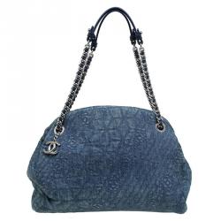 Pre Owned Chanel Blue Camellia Embroidered Denim Large Just Mademoiselle Bowling Bag