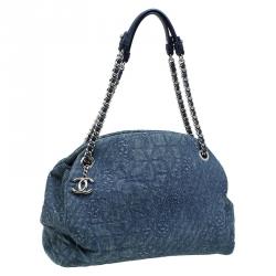 Pre Owned Chanel Blue Camellia Embroidered Denim Large Just Mademoiselle Bowling Bag