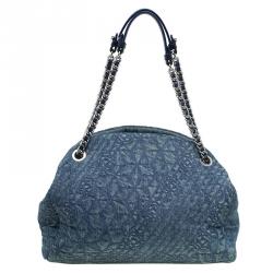 Pre Owned Chanel Blue Camellia Embroidered Denim Large Just Mademoiselle Bowling Bag