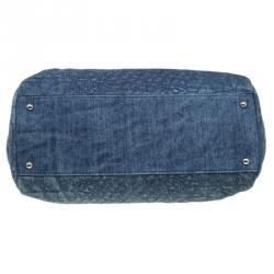 Pre Owned Chanel Blue Camellia Embroidered Denim Large Just Mademoiselle Bowling Bag