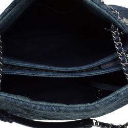 Pre Owned Chanel Blue Camellia Embroidered Denim Large Just Mademoiselle Bowling Bag