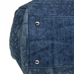 Pre Owned Chanel Blue Camellia Embroidered Denim Large Just Mademoiselle Bowling Bag