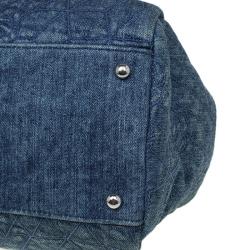 Pre Owned Chanel Blue Camellia Embroidered Denim Large Just Mademoiselle Bowling Bag