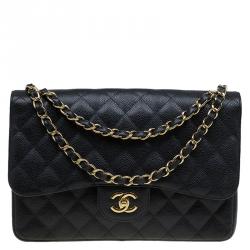 Pre Owned حقيبة شانيل قلاب مزدوج كلاسيكية كبيرة جلد كافيار مبطنة سوداء