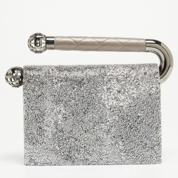 مملوكة مسبقًا Chanel Grey/Silver Leather Strass Around The World Clutch