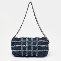 Pre Owned Chanel Navy Blue Cube Quilted Denim Triple Chain Flap Bag