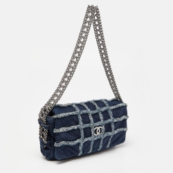 Pre Owned Chanel Navy Blue Cube Quilted Denim Triple Chain Flap Bag