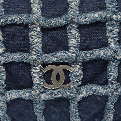 Pre Owned Chanel Navy Blue Cube Quilted Denim Triple Chain Flap Bag