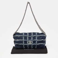 Pre Owned Chanel Navy Blue Cube Quilted Denim Triple Chain Flap Bag