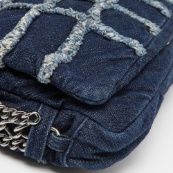 Pre Owned Chanel Navy Blue Cube Quilted Denim Triple Chain Flap Bag