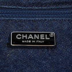 Pre Owned Chanel Navy Blue Cube Quilted Denim Triple Chain Flap Bag