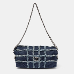 Pre Owned Chanel Navy Blue Cube Quilted Denim Triple Chain Flap Bag