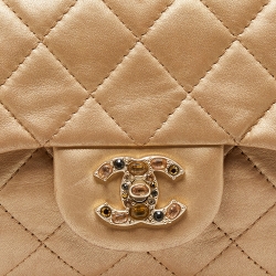Pre Owned Chanel Gold Leather CC Gem Flap Shoulder Bag 