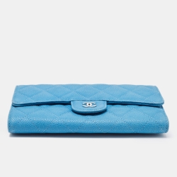 Pre Owned Chanel Light Blue Quilted Caviar Leather Trifold Classic Flap Wallet