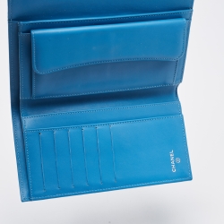 Pre Owned Chanel Light Blue Quilted Caviar Leather Trifold Classic Flap Wallet