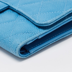 Pre Owned Chanel Light Blue Quilted Caviar Leather Trifold Classic Flap Wallet