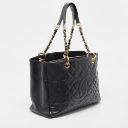 Pre Owned Chanel Black Quilted Caviar Leather Grand GST Shopper Tote Bag