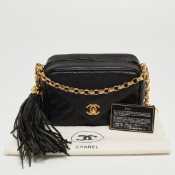 Pre Owned Chanel Black Chevron Caviar Leather CC Tassel Camera Bag