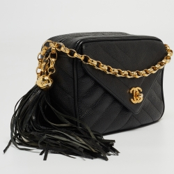 Pre Owned Chanel Black Chevron Caviar Leather CC Tassel Camera Bag