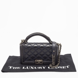 Pre Owned Chanel Dark Blue Quilted Leather Medium Wild Stitch Chain Boy Top Handle Bag