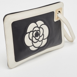 Pre Owned Chanel White/Black Leather Camellia Wristlet Clutch