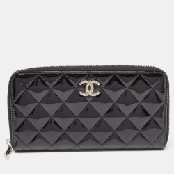 Chanel Black Quilted Patent Leather Continental Zip Wallet
