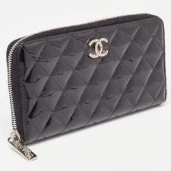 Chanel Black Quilted Patent Leather Continental Zip Wallet
