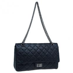 مملوكة مسبقًا حقيبة شانيل جلد بقر مبطنة أسود روسيه 2.55 كبيرة قلاب