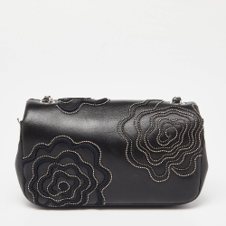 Pre Owned Chanel Black Leather Mini Camellia Follies Flap Bag 