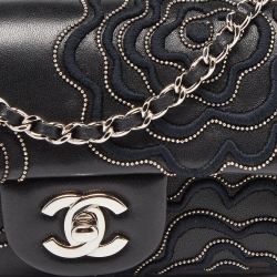 Pre Owned Chanel Black Leather Mini Camellia Follies Flap Bag 
