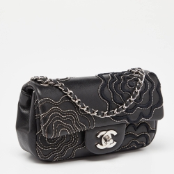 Pre Owned Chanel Black Leather Mini Camellia Follies Flap Bag 