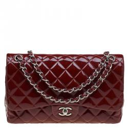 Pre Owned Chanel Burgundy Quilted Patent Leather Jumbo Classic Double Flap Bag